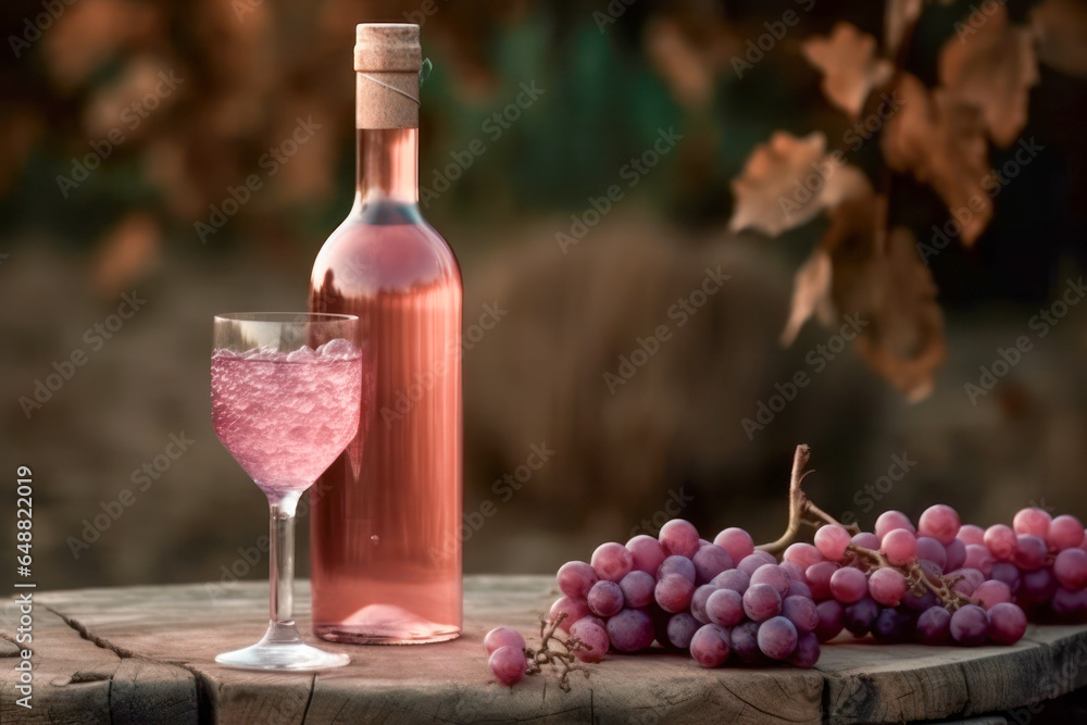 Bottle and glass of rose wine, on a wooden table, with the rural countryside in the background. Generative AI.