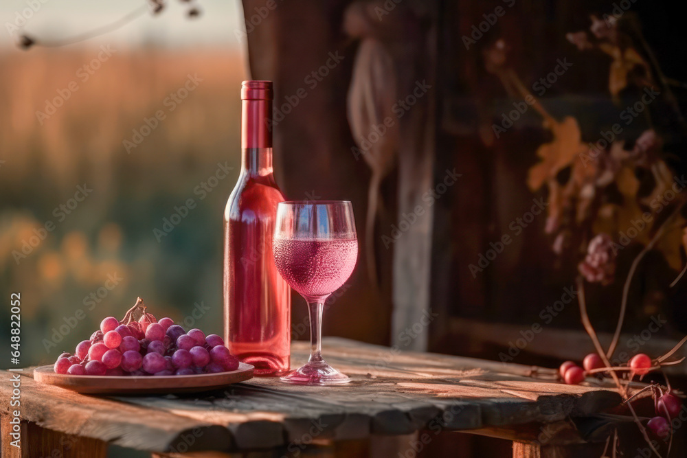 Bottle and glass of rose wine, on a wooden table, with the rural countryside in the background. Generative AI.