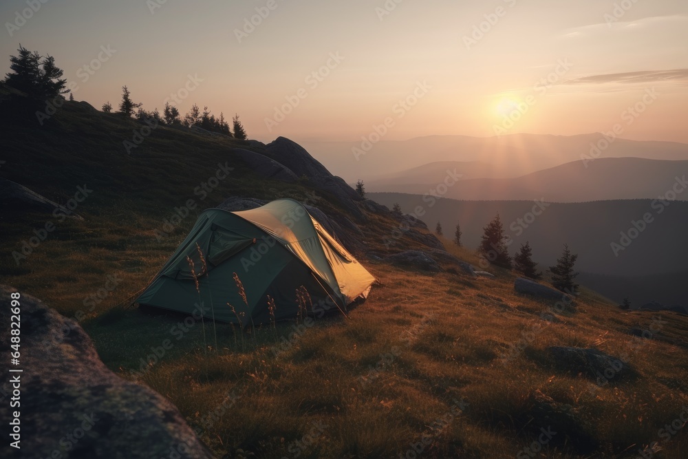 Tent camping on top of a mountain at sunset, AI generated Tent camping on top of a mountain at sunset, AI generated
