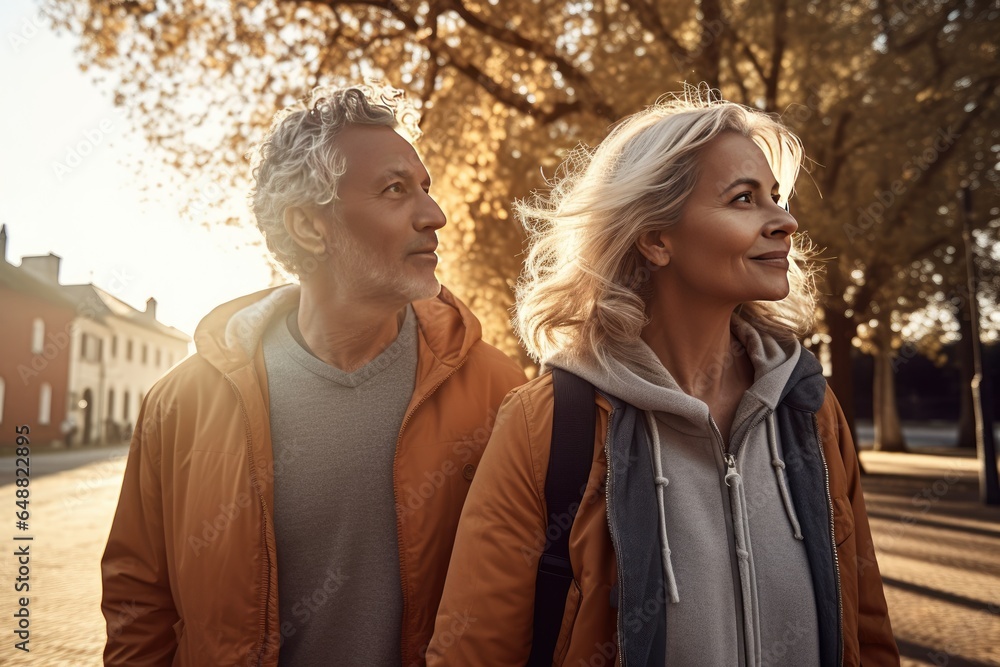 Fototapeta premium Middle aged love couple walking outside in a park, healthy, lifestyle, AI generated
