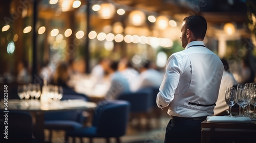 Fototapeta Naklejka Na Ścianę i Meble -  Ein Kellner oder Bedienung steht an der Theke, neben Gläsern, bei einer Veranstaltung in einem Restaurant, mit einem verschwommenen Bokeh-Hintergrund, Gastronomie und Service