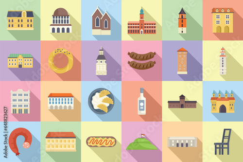 Krakow icons set flat vector. Polish city. Market old