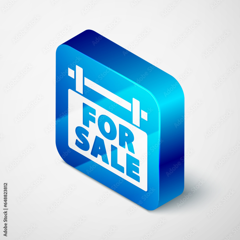Isometric Hanging sign with text For Sale icon isolated on grey background. Signboard with text For Sale. Blue square button. Vector Isometric Hanging sign with text For Sale icon isolated on grey background. Signboard with text For Sale. Blue square button. Vector