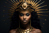 beautiful black woman with a golden head piece crown and a massive necklace, goddess portrait
