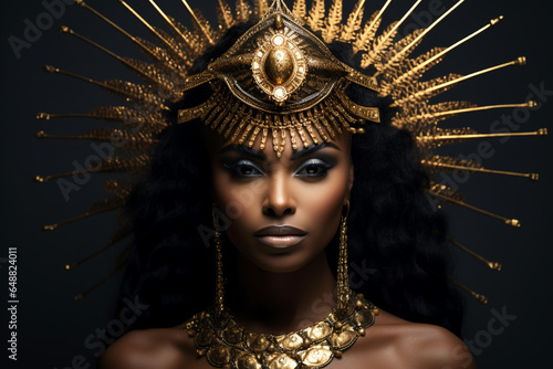 beautiful black woman with a golden head piece crown and a massive necklace, goddess portrait