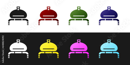 Set Bread and salt on towel icon isolated on black and white background. National food loaf. Traditional ukrainian wedding bread. Vector