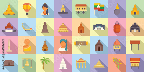 Myanmar icons set flat vector. Landmark map. Temple culture