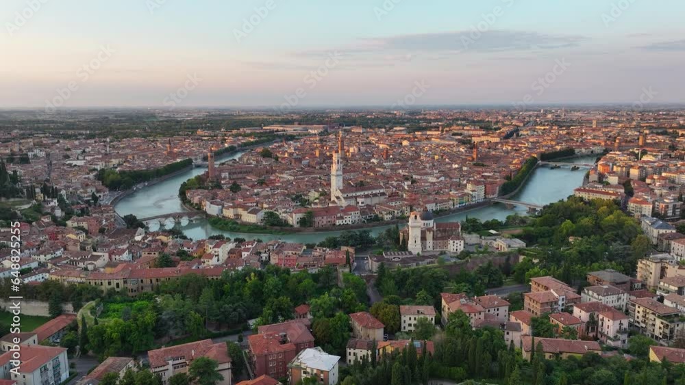 Aerial view of Verona, Italy, Ponte Pietra Over Adige river, Historic City Centre, Cathedral, Duomo, Red Roofscapes, Veneto Region Aerial view of Verona, Italy, Ponte Pietra Over Adige river, Historic City Centre, Cathedral, Duomo, Red Roofscapes, Veneto Region