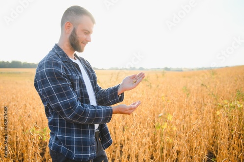 farmer agronomist in soybean field checking crops. Organic food production and cultivation