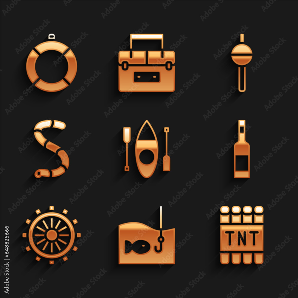 Set Kayak or canoe, Fishing hook with fish, Detonate dynamite bomb stick, Bottle of vodka, Ship steering wheel, Worm, float and Lifebuoy icon. Vector Set Kayak or canoe, Fishing hook with fish, Detonate dynamite bomb stick, Bottle of vodka, Ship steering wheel, Worm, float and Lifebuoy icon. Vector