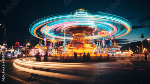 Long exposure shot of a ferris wheel in motion at carnival and blurred gondolas ride creating a sense of exhilaration and thrill