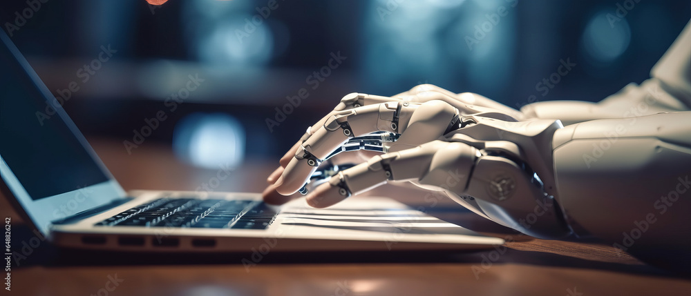 close up hand of white AI robot typing on laptop, working online in office close up hand of white AI robot typing on laptop, working online in office