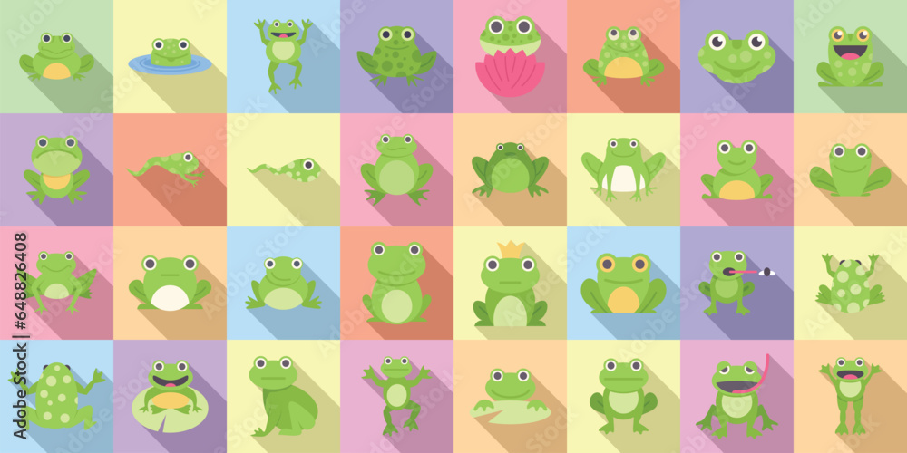 Frog icons set flat vector. Toad water. Catch pet