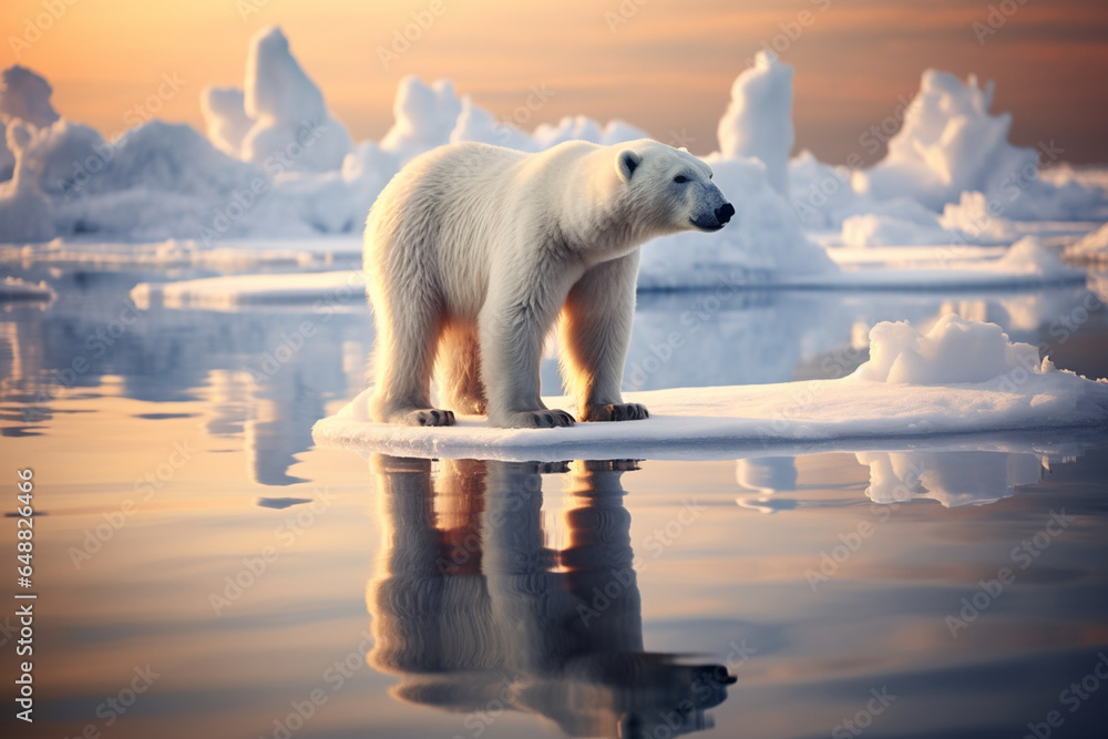 stunning photo of a polar bear standing near the icy water's edge, its reflection mirrored perfectly on the tranquil surface.