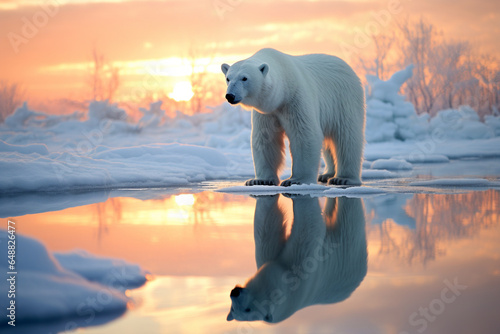 stunning photo of a polar bear standing near the icy water s edge  its reflection mirrored perfectly on the tranquil surface.