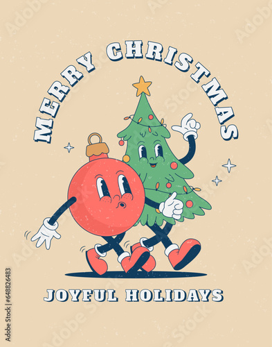 Retro cartoon funny Christmas character poster. Vintage Christmas tree and ball mascot vector illustration. Nostalgia 60s, 70s, 80s. Xmas, New year decoration, postcard, print