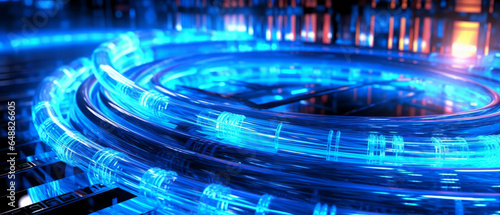 Fiber optic cable internet connection with blue neon lighting