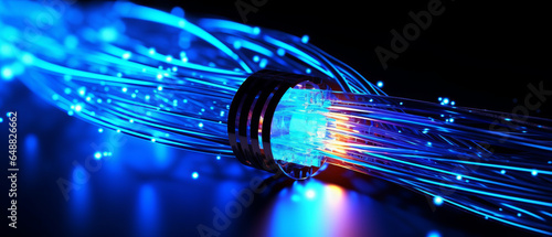Fiber optic cable internet connection with blue neon lighting photo
