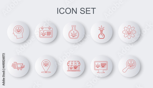 Set line Magnifying glass and marijuana, Shopping cart with, Test tube, Online buying, Head profile, Calendar, Location and icon. Vector