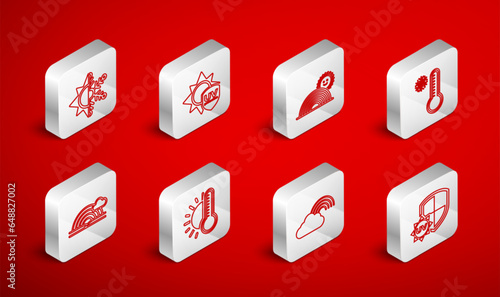Set line UV protection, Rainbow with sun, Meteorology thermometer, cloud, Sun and snowflake, Thermometer and icon. Vector