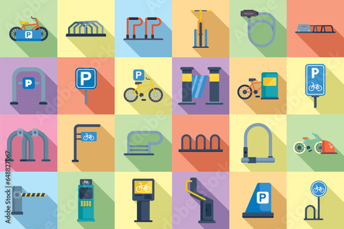 Bicycle parking icons set flat vector. Bike park. Rent cycle