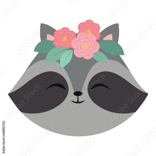 Cute cartoon funny raccoon face. Forest smiling animal. Flowers. Vector illustration isolated on white background