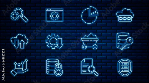 Set line Server with shield, security key, Pie chart infographic, Cost reduction, Cloud download and upload, Magnifying glass gear, Coal mine trolley and Browser setting icon. Vector