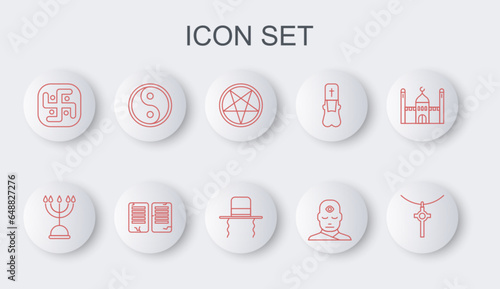 Set line Christian cross on chain, Hanukkah menorah, Pentagram circle, Man with third eye, Jainism, Yin Yang, The commandments and Orthodox jewish hat sidelocks icon. Vector