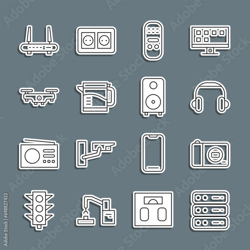 Set line Server, Data, Web Hosting, Photo camera, Headphones, Remote control, Electric kettle, Drone flying, Router and wi-fi signal and Stereo speaker icon. Vector