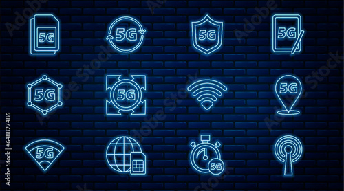 Set line Antenna, Location 5G network, Protective shield, Sim Card, Wi-Fi wireless and icon. Vector