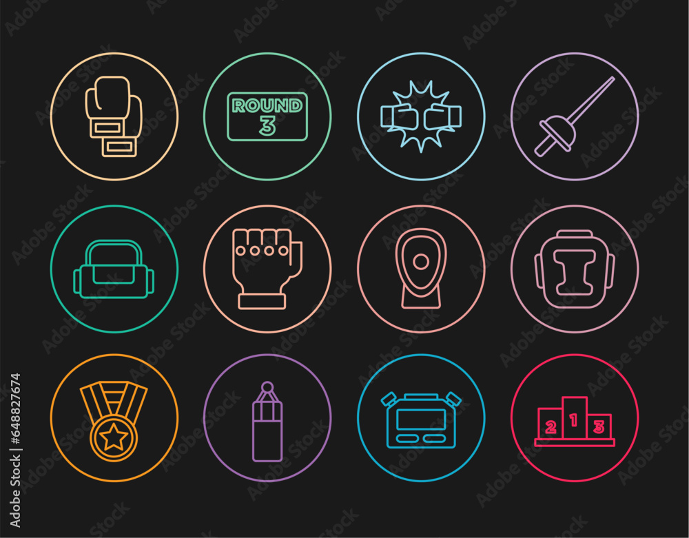 Set line Award over sports winner podium, Boxing helmet, Punch boxing gloves, MMA, Sport bag, training paws and ring board icon. Vector Set line Award over sports winner podium, Boxing helmet, Punch boxing gloves, MMA, Sport bag, training paws and ring board icon. Vector