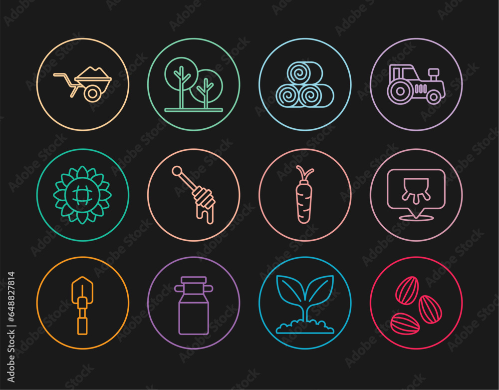 Set line Seeds, Udder, Roll of hay, Honey dipper stick, Sunflower, Wheelbarrow with dirt, Carrot and Tree icon. Vector Set line Seeds, Udder, Roll of hay, Honey dipper stick, Sunflower, Wheelbarrow with dirt, Carrot and Tree icon. Vector