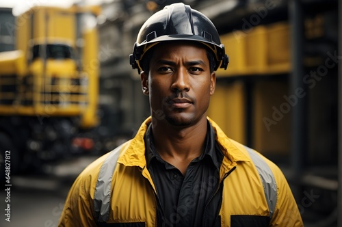 Portrait of black male in yellow uniform and helmet, construction worker, firefighter, background with copy space text  © Karlo