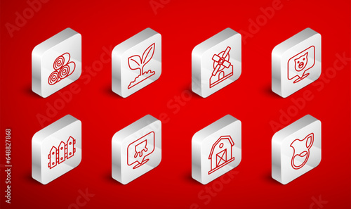 Set line Jug glass with milk, Plant, Windmill, Pig, Farm house, Roll of hay, Udder and Garden fence wooden icon. Vector