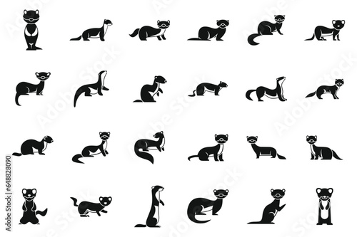 Weasel icons set simple vector. Ermine animal. Cute domestic