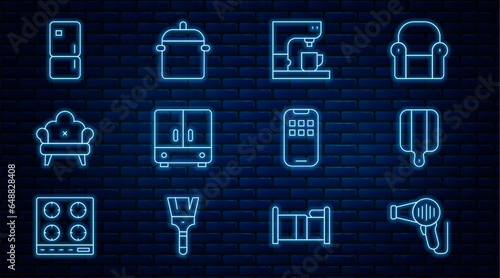 Set line Hair dryer, Cutting board, Coffee machine, Wardrobe, Sofa, Refrigerator, Mobile Apps and Cooking pot icon. Vector
