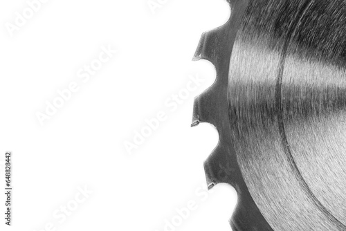 Monochrome image ,dusty , used circular saw blade close up macro shot, isolated on white background.