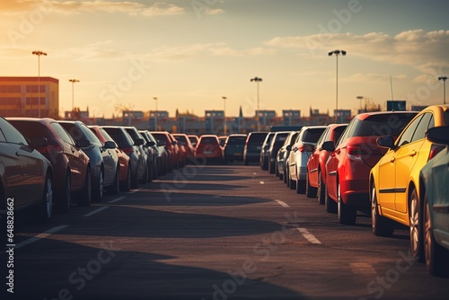 New colorful cars stand in a line in the parking lot of a car dealership.