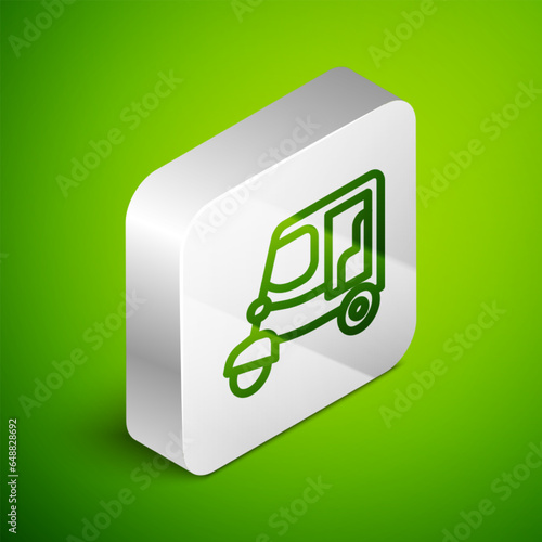 Isometric line Taxi tuk tuk icon isolated on green background. Indian auto rickshaw concept. Delhi auto. Silver square button. Vector