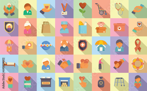 Social worker icons set flat vector. Care senior. Doctor cleaning
