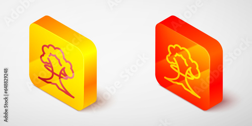 Isometric line Nuclear explosion icon isolated on grey background. Atomic bomb. Symbol of nuclear war, end of world. Yellow and orange square button. Vector