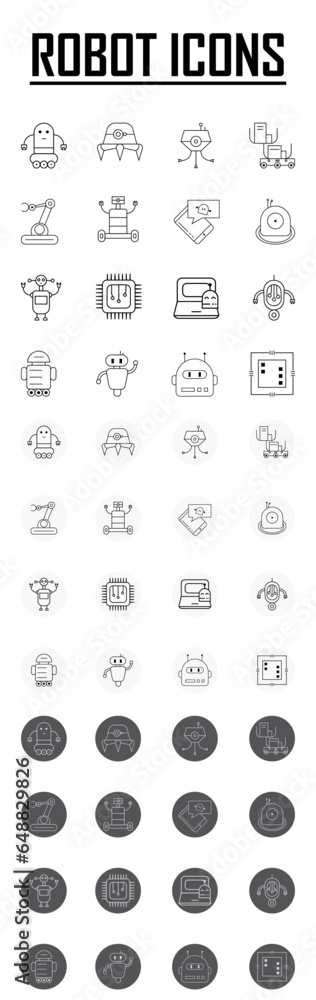 Robots and mechanisms icons in line style