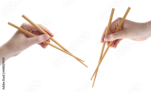 Woman holding chopsticks isolated on white, closeup. Collage with photos