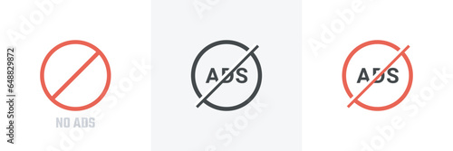 No ads icon of 3 types flat icon or isolated vector No Ads Sign symbol.Skip ads,red crossed circle. Ad blocker symbol sign for apps and websites.Vector illustration.