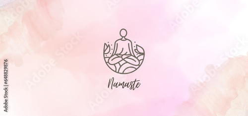 Zen concept logo,minimal meditation illustration with namaste lettering.zen concept website banner.