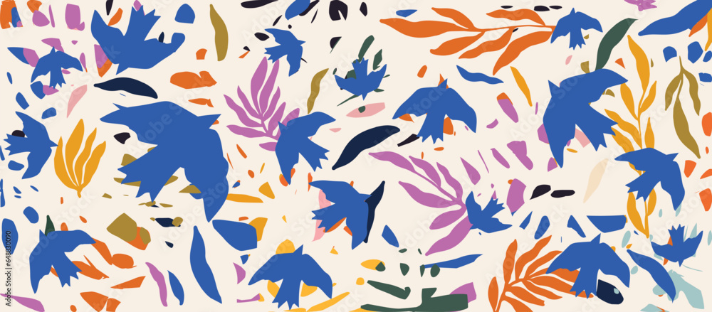 Obraz premium Terrazzo inspired vector background with scattered abstract shapes, birds, chips, leaves, flowers and other botanical elements. Random cutout forms collage, ornamental texture, cute decorative pattern