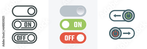 On-off power button icons set.Switch on switch off icon.Different style icons set.Red Off switch,green On switch button app interface slide buttons.Vector illustration