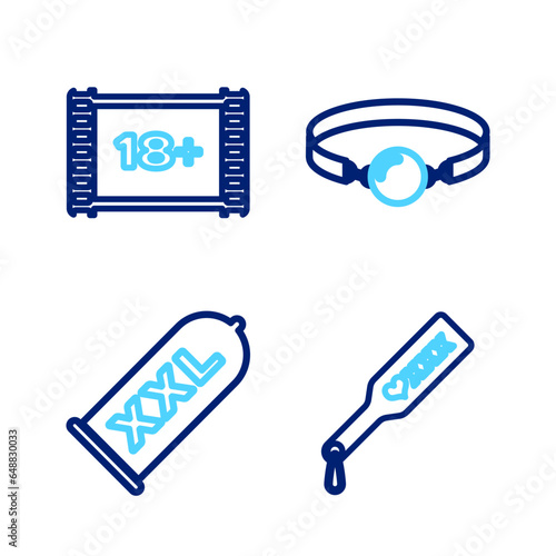 Set line Spanking paddle, Condom safe sex, Silicone ball gag and Play Video with 18 plus icon. Vector