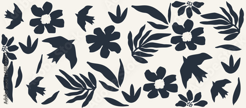 Hand drawn simple abstract black leaves, birds, flowers and other botanical elements. Random cutout dark tropical foliage collage, ornamental texture, cute decorative pattern
