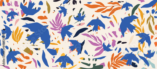 Terrazzo inspired vector background with scattered abstract shapes, birds, chips, leaves, flowers and other botanical elements. Random cutout forms collage, ornamental texture, cute decorative pattern